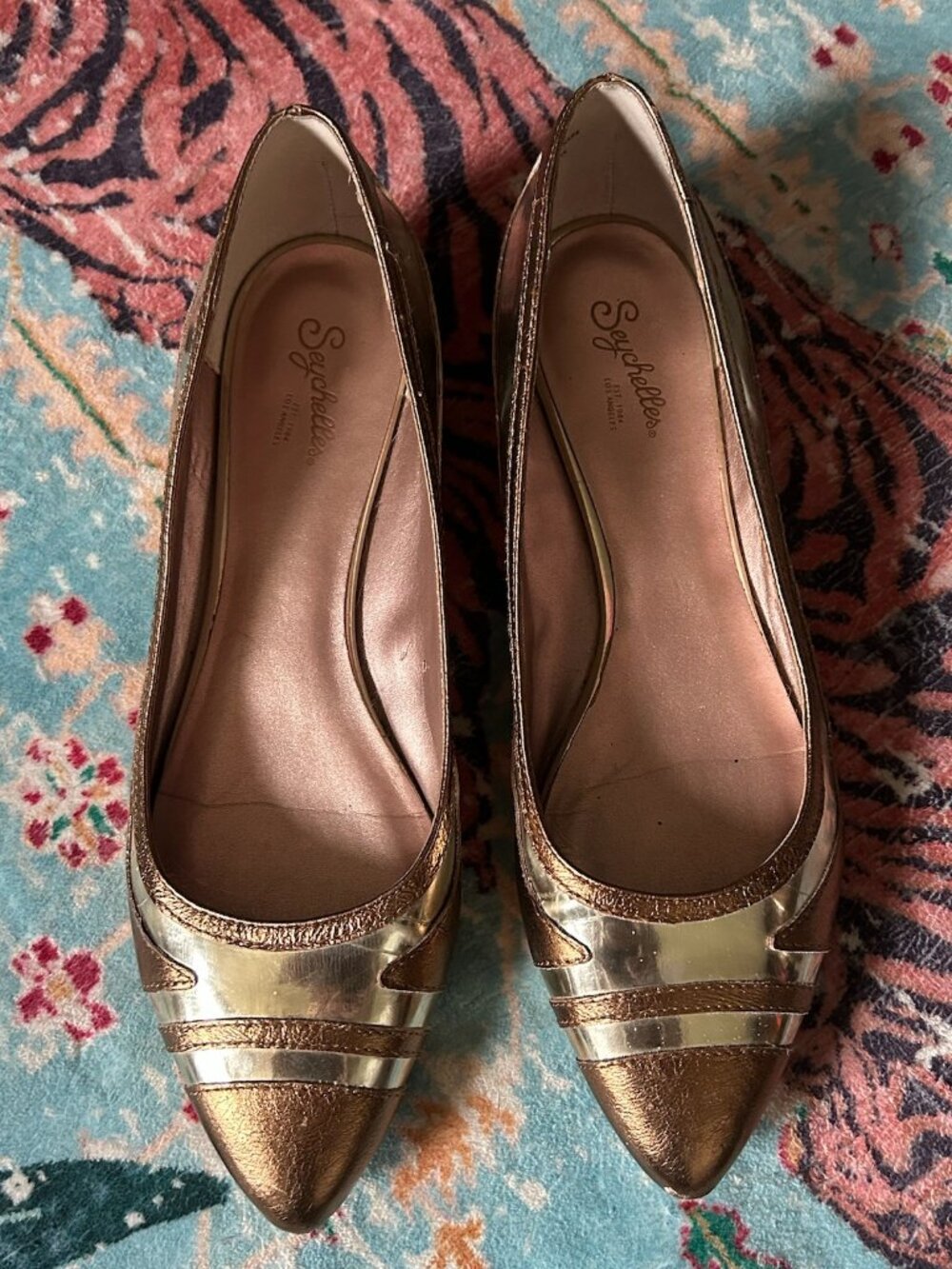 Seychelles Night & Day Mini Wedge Sandals Copper Platinum Leather Size 10